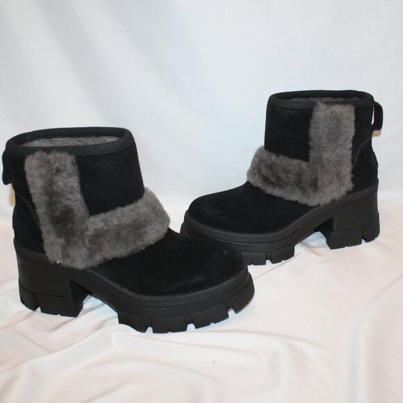 NIB UGG WOMEN'S BROOKLYN SUEDE‎ SHEARLING SPILL SEAM PLATFORM BOOTS BLACK - Picture 3 of 8
